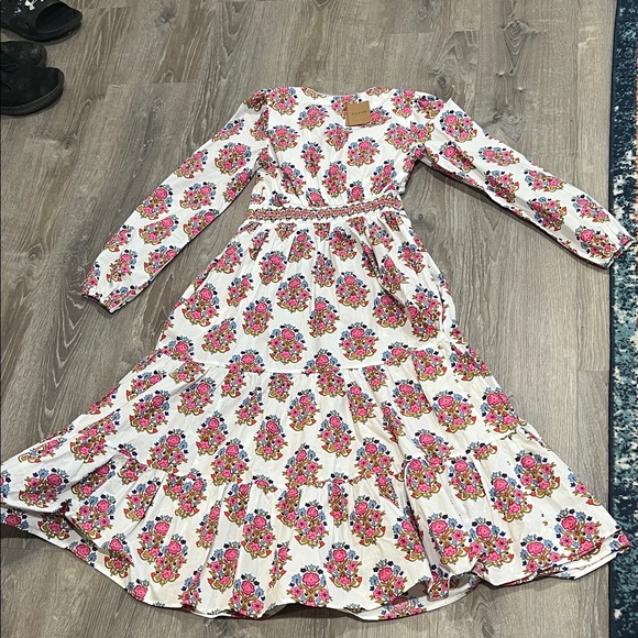 Boden Long Sleeve Floral Dress Violet Trim Midi Dress - Picture 7 of 8